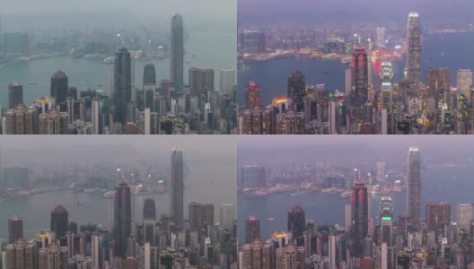 延时拍摄:维多利亚港日落时的香港城市景观高清在线视频素材下载