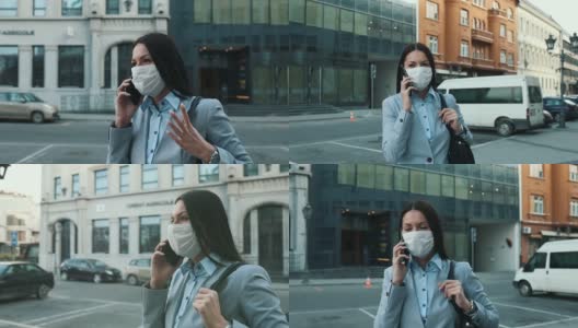 在城市街道上戴着防护面具的女人高清在线视频素材下载