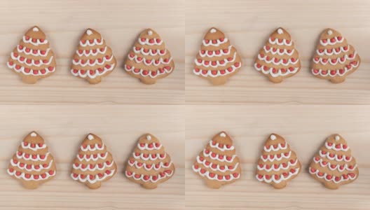 无缝循环定格动画与三个饼干形状的圣诞树在木制的背景高清在线视频素材下载