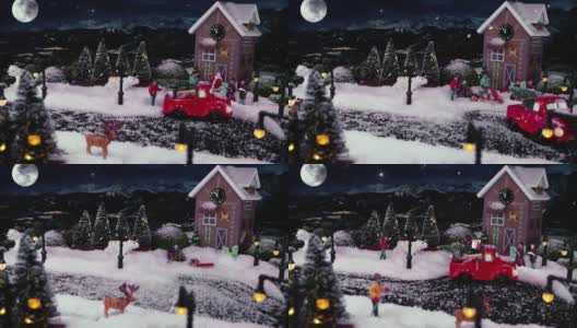 2022年圣诞节和新年前夕。圣诞村下雪了，有圣诞老人的冬日神奇风景。定格动画为节日的圣诞城市和山脉在晚上。节日的问候。高清在线视频素材下载