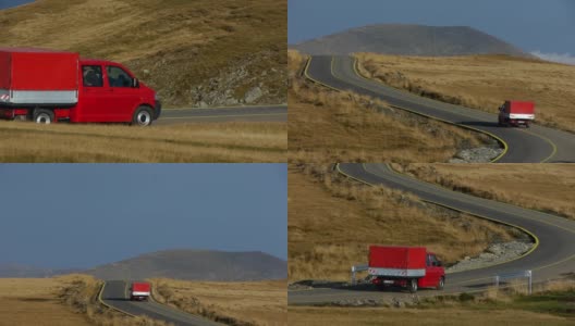 红色的小型货车在有很多弯道的道路上行驶高清在线视频素材下载