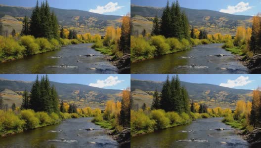 秋天的颜色沿着蓝色的河在Summit县，科罗拉多州高清在线视频素材下载