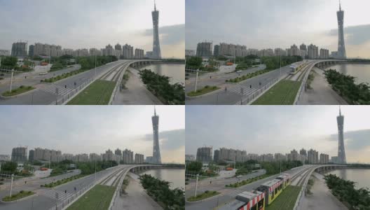 现代建筑外观，火车和天空在广州，实时。高清在线视频素材下载