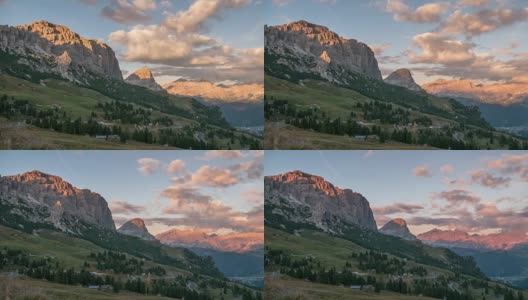 日落时间流逝的栀子pass, passo Gardena在白云石南蒂罗尔意大利阿尔卑斯山高清在线视频素材下载