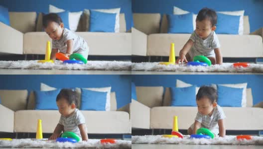 快乐的宝贝男孩玩积木高清在线视频素材下载