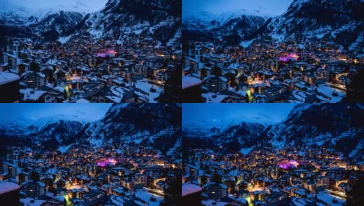 4k时间推移:鸟瞰图泽马特村和马特洪峰，瑞士高清在线视频素材下载