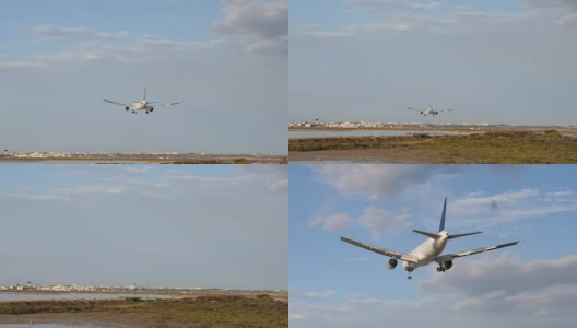 飞机正在着陆后视图。飞机在蓝天与云彩的背景。飞机到达高清在线视频素材下载