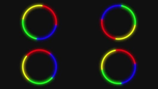 4K旋转或旋转4色红绿蓝黄圆在黑色背景。二维动画。运动图形和动画背景与灯光辉光。高清在线视频素材下载