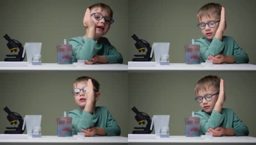 选择学校。戴眼镜的男孩在做实验。年轻科学家为实验配制液体。学龄前儿童室内玩耍。家实验室背景。学习有兴趣高清在线视频素材下载