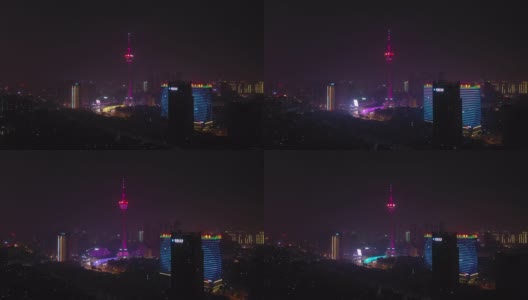 夜间时间照亮了成都著名电视塔区4k中国航拍全景图高清在线视频素材下载
