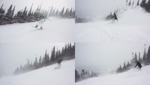 慢动作拍摄的滑雪板穿着完整的冬季装备滑雪板下的滑雪跑道周围的埃尔朵拉滑雪度假村附近的博尔德，科罗拉多州在一个下雪，阴天，雪花遍布高清在线视频素材下载
