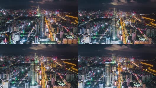 中国夜景照亮了著名的深圳市区，4k时间的航拍全景高清在线视频素材下载