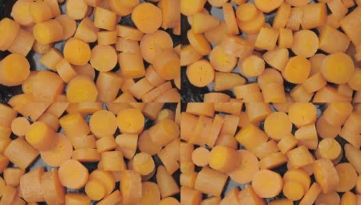 煮胡萝卜切片和准备胡萝卜制作奥利维尔沙拉，沙拉准备概念高清在线视频素材下载