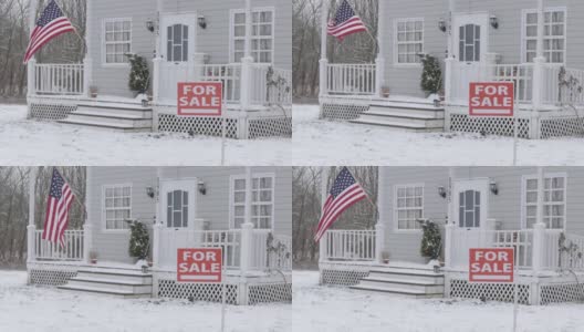 在隆冬季节，在被雪覆盖的院子里，大型独栋房屋前的房产标识正在出售аnd下雪了高清在线视频素材下载