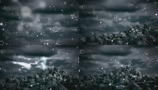 分子结构漂浮在破碎的岩石上，衬着天空中的乌云高清在线视频素材下载