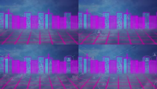 动画的网络连接在摩天大楼上的蓝色背景高清在线视频素材下载