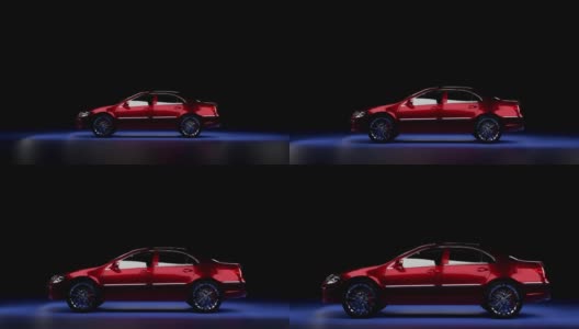 3d渲染红色汽车在黑暗的一面在蓝色的背景高清在线视频素材下载