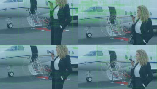 在机场跑道上用智能手机交谈的女商人的抽象形状和数据处理高清在线视频素材下载