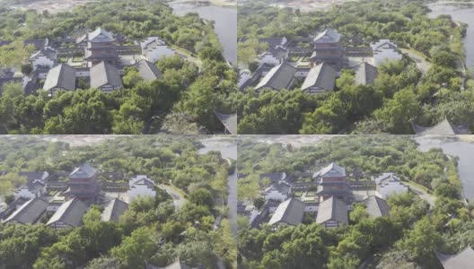 航拍中国古代建筑，中国古代特色木屋高清在线视频素材下载