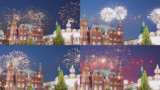管理广场晚上的烟花。莫斯科，俄罗斯(放大)高清在线视频素材下载