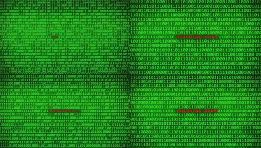 在随机二进制数据矩阵背景下的绿色二进制代码墙上显示钓鱼诈骗词高清在线视频素材下载