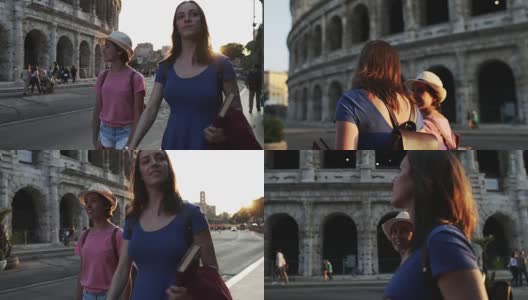 女游客在罗马:竞技场旁边高清在线视频素材下载