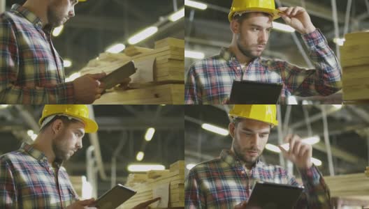 在木材工厂的仓库里，工人们正在用平板电脑计算木材库存。高清在线视频素材下载