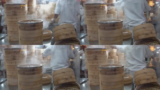 中式厨房里的竹制蒸笼，慢镜头高清在线视频素材下载