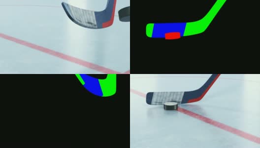 冰球棍击打冰球冰球在冰上的慢动作特写。美丽的3d动画飞行冰球。积极运动的概念。IDα面具。高清在线视频素材下载
