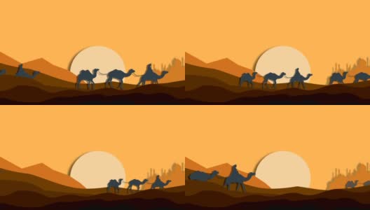 骆驼商队在沙漠中，动画高清在线视频素材下载