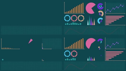 不同色彩的信息图形元素，数据可视化在深绿色背景平面设计三维动画高清在线视频素材下载