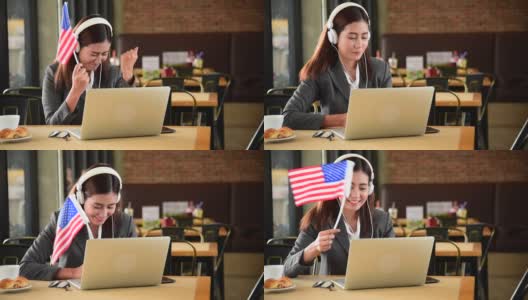 商业女性看在线体育笔记本电脑和欢呼美国挥舞美国国旗。高清在线视频素材下载