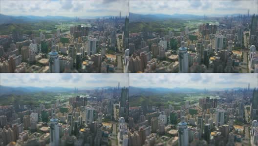 深圳城市景观晴天香港边境航拍全景4k倾斜转移中国高清在线视频素材下载