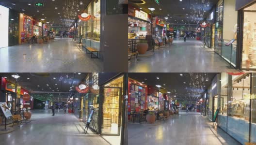 夜间时间杭州市中心著名outlet地下城咖啡厅步行全景4k中国高清在线视频素材下载