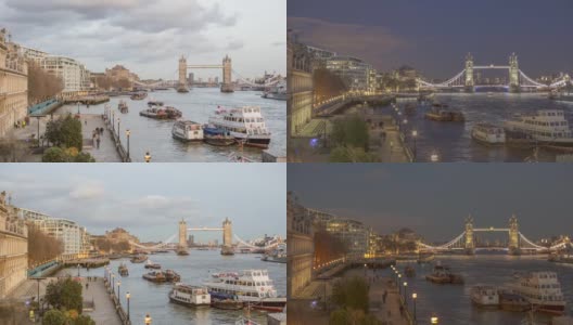 英国伦敦塔桥随着夜幕降临在泰晤士河上，日夜交替高清在线视频素材下载