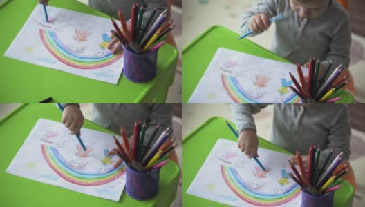 童年，艺术，教育，创意概念-真实的学前儿童未成年聪明的创意天才男孩2-4岁用彩色铅笔画画家庭的春天夏天，家里的彩虹高清在线视频素材下载