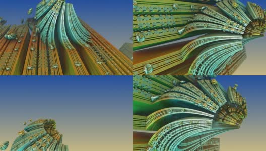 一个三维抽象分形的动画，看起来像一个飞行在一个外星建筑。无缝的无限循环。使用Mandelbulb 3D程序创建高清在线视频素材下载