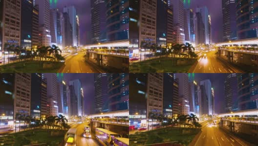 时光流逝，夜晚灯光交通与香港城市天际线高清在线视频素材下载