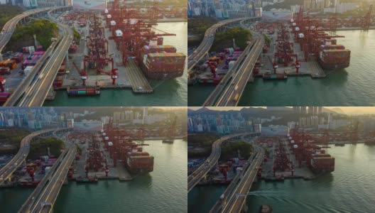 国际港口在香港进出口业务物流中使用起重机装载集装箱的超失效或滞后高清在线视频素材下载