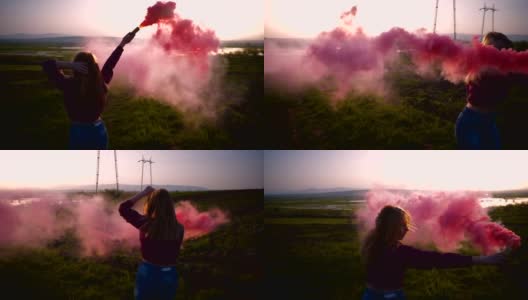 美丽的女孩拿着一颗粉色烟雾弹，慢镜头跑动高清在线视频素材下载