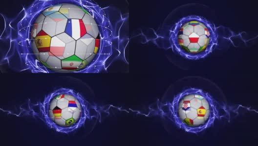 足球和世界旗帜在蓝色抽象粒子环，放大\缩小，动画，背景，循环高清在线视频素材下载