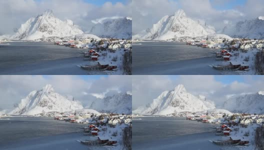 冬季群山背景下的挪威渔村高清在线视频素材下载