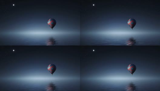 4k的月光之夜与热气球在水上高清在线视频素材下载