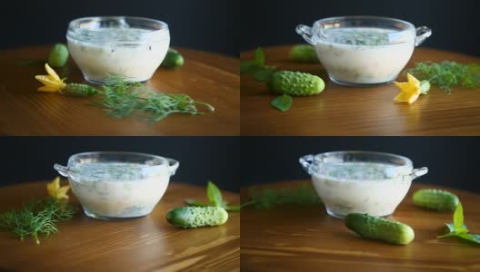 凉拌夏季黄瓜汤一盘高清在线视频素材下载