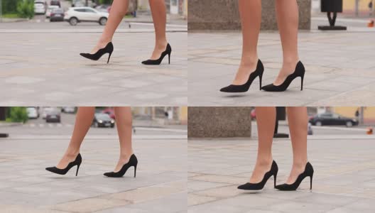 特写女商人穿着高跟鞋走在城市的人行道上工作高清在线视频素材下载