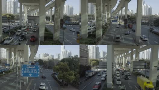 摄影车拍摄了上海高速公路下缓慢行驶的交通。高清在线视频素材下载