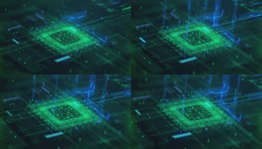技术背景CPU电路。3D可视化AI处理器电源。彩色绿色和蓝色数字化过程。数据传输在未来板芯片虚拟计算机动画近距离4K高清在线视频素材下载