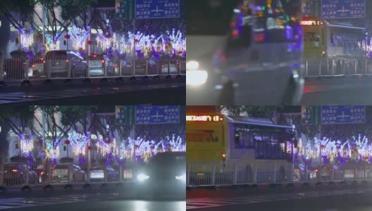 大城市夜间的交通。汽车在雨中行驶，车灯在画面中闪烁高清在线视频素材下载