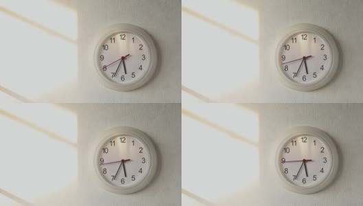现代的圆形时钟挂在旧水泥墙背景上，告诉时间在早上或晚上，家庭装饰，时间相关的物品在家里和学校和办公室，时钟指针高清在线视频素材下载