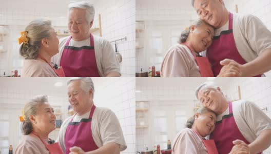 4K亚洲老夫妇一起在厨房做饭和跳舞。高清在线视频素材下载